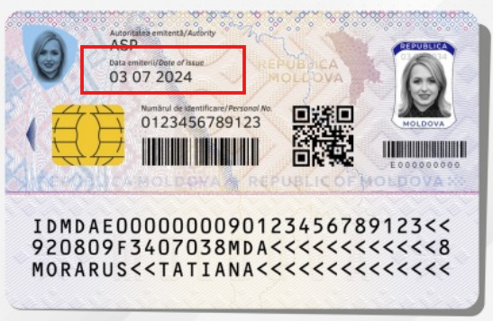 Exemplu care arată unde este indicată data eliberării pe partea verso a actului de identitate